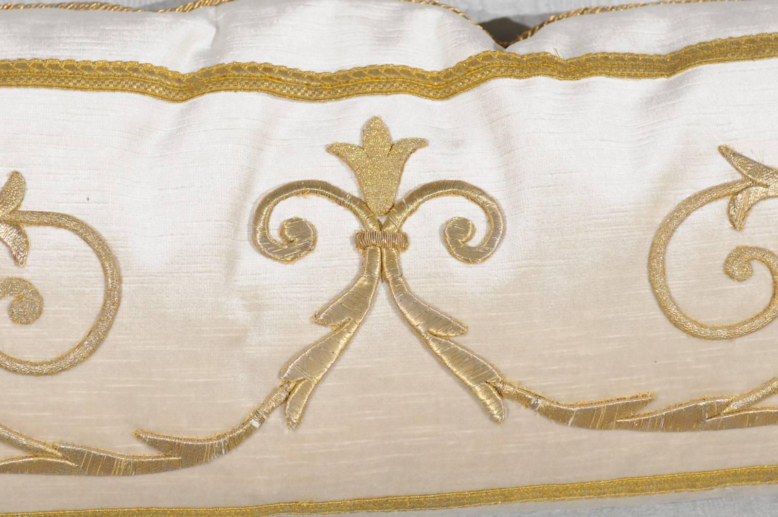 Cushion with Antique European Raised Gold Metallic Embroidery on Oyster Velvet 1