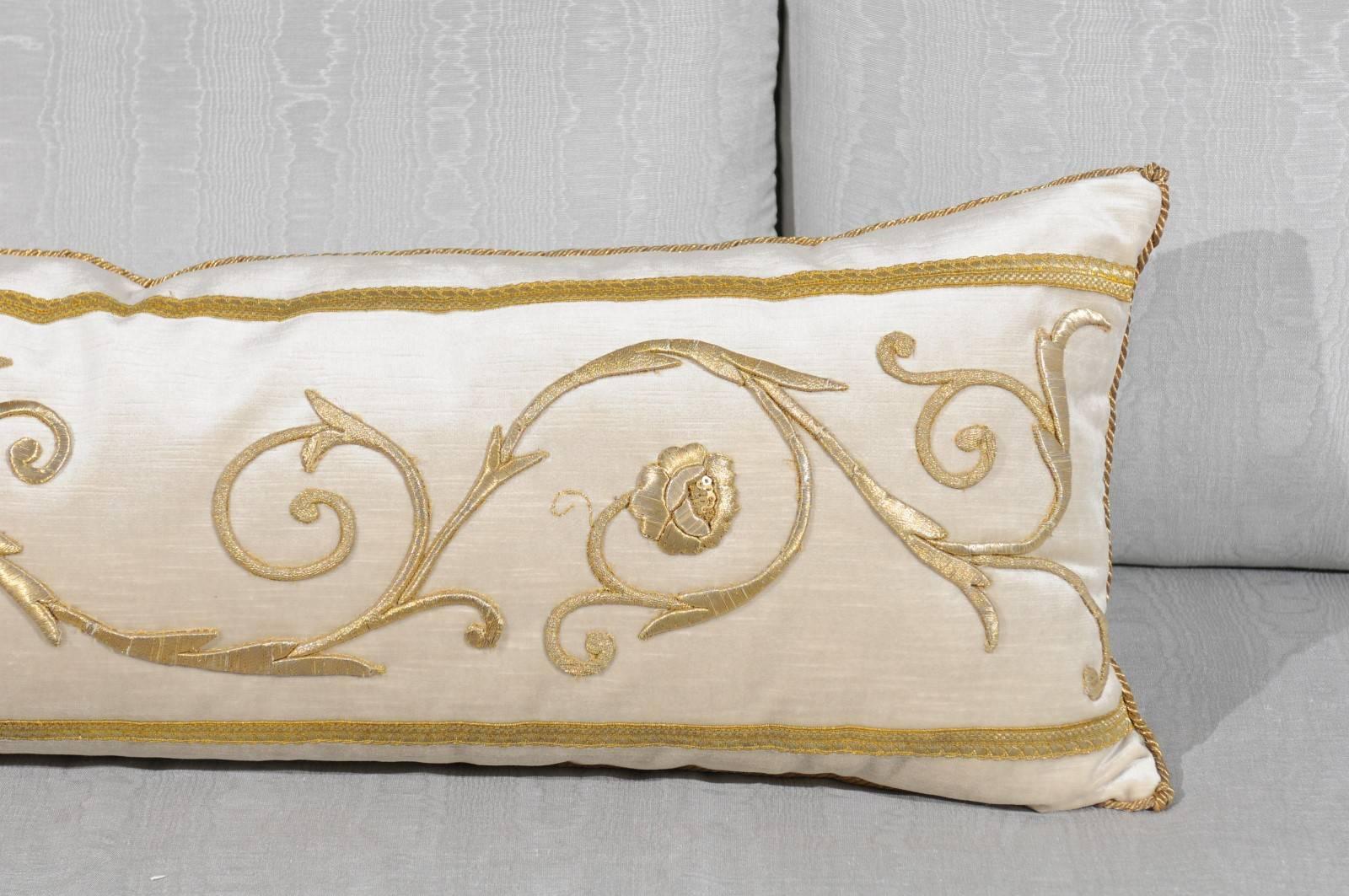 Embroidered Cushion with Antique European Raised Gold Metallic Embroidery on Oyster Velvet