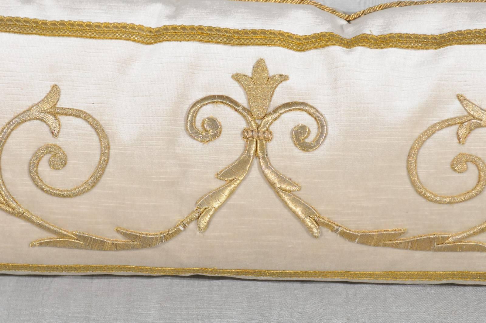 Cushion with Antique European Raised Gold Metallic Embroidery on Oyster Velvet In Excellent Condition In Atlanta, GA