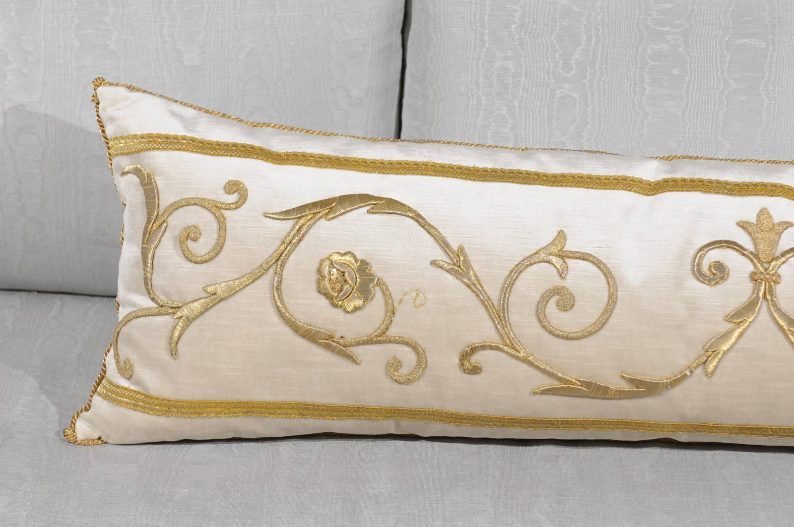 American Cushion with Antique European Raised Gold Metallic Embroidery on Oyster Velvet