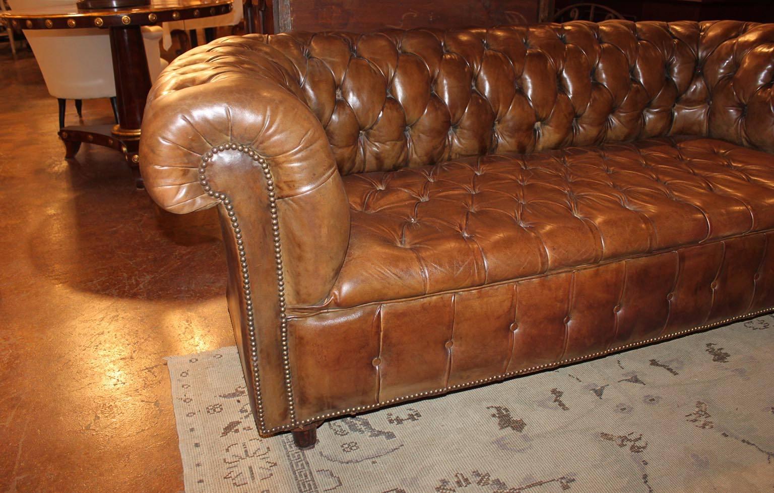 English Chesterfield Leather Tufted Wingback Sofa