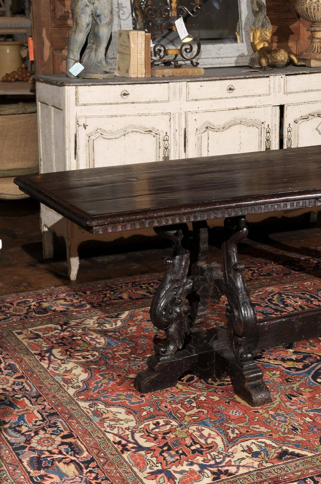 Italian 19th Century Baroque Style Carved Oak Library Table with Volute Legs 1