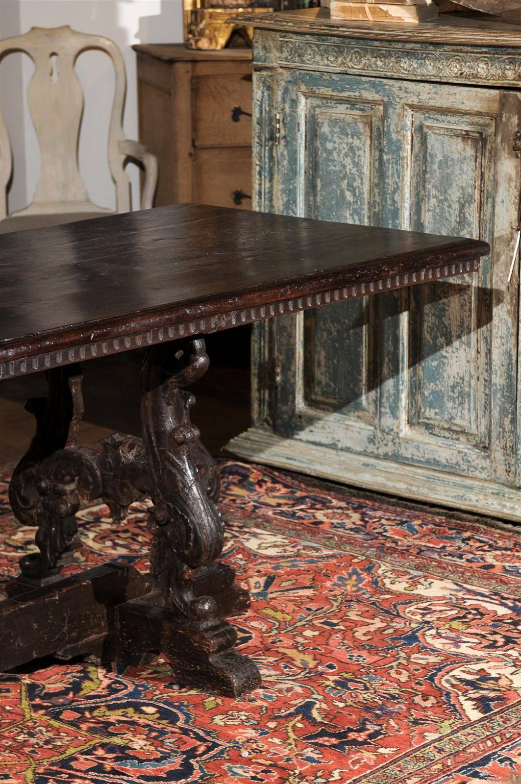 Italian 19th Century Baroque Style Carved Oak Library Table with Volute Legs 4