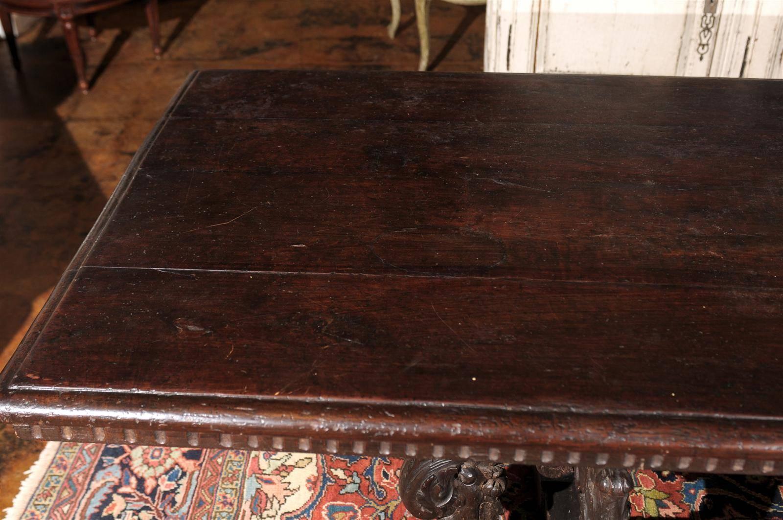 Italian 19th Century Baroque Style Carved Oak Library Table with Volute Legs 3