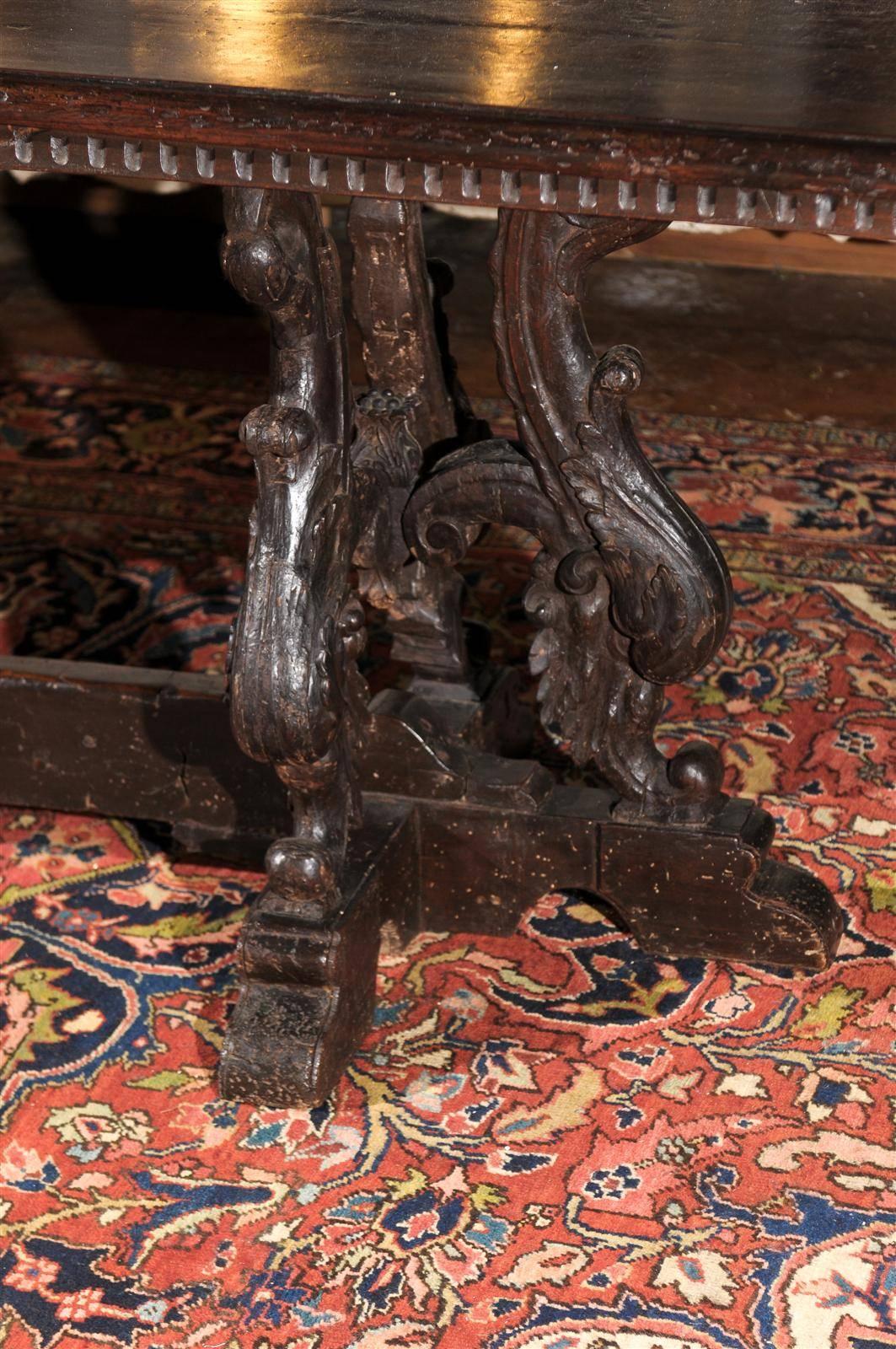 Italian 19th Century Baroque Style Carved Oak Library Table with Volute Legs 2