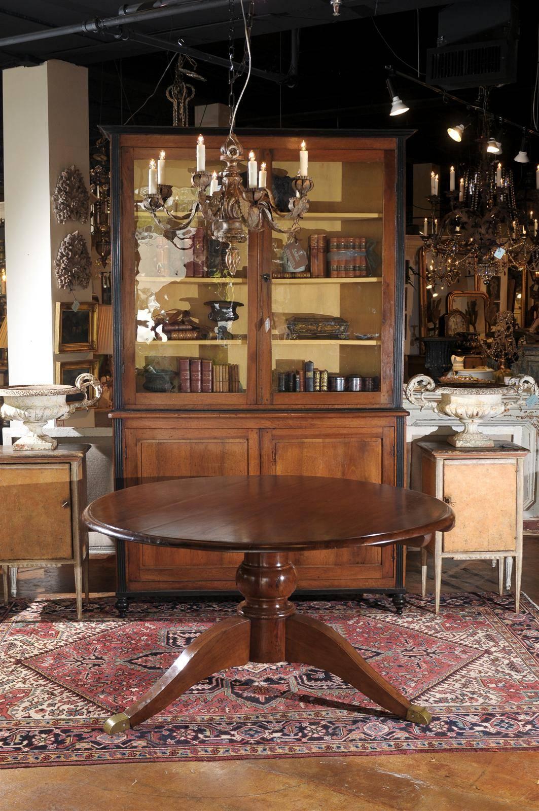 Italian Round Walnut Pedestal Dining Table with Tilt-Top and Bronze Accents In Excellent Condition In Atlanta, GA