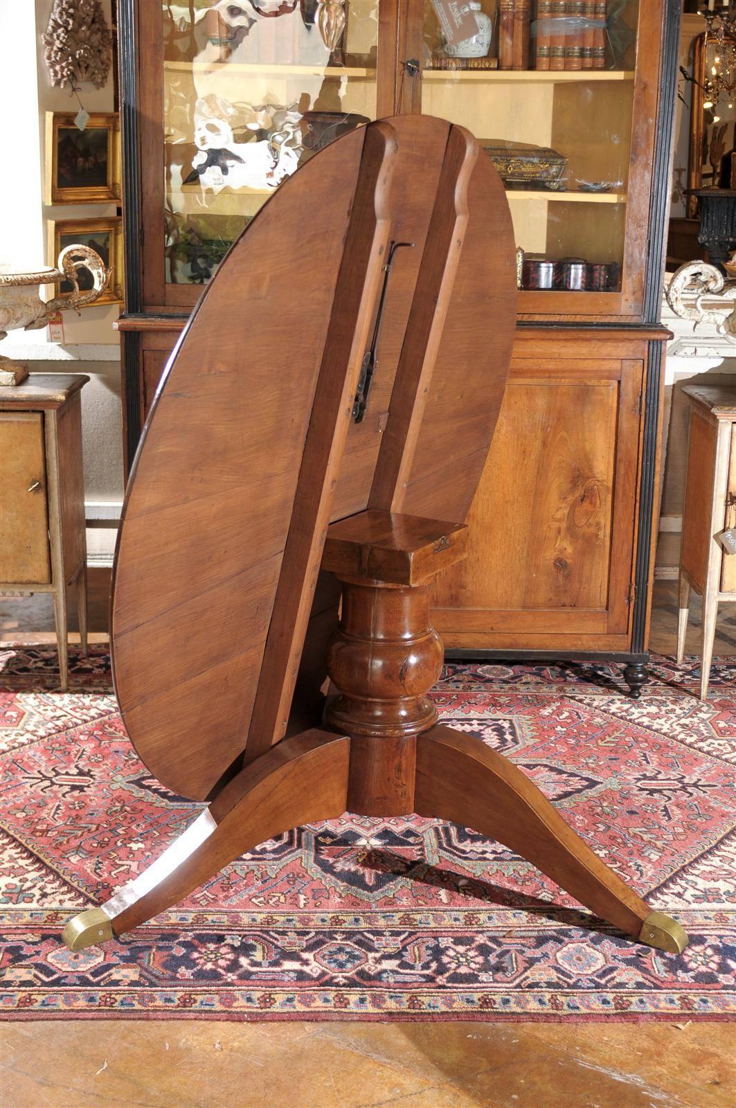 Italian Round Walnut Pedestal Dining Table with Tilt-Top and Bronze Accents 3