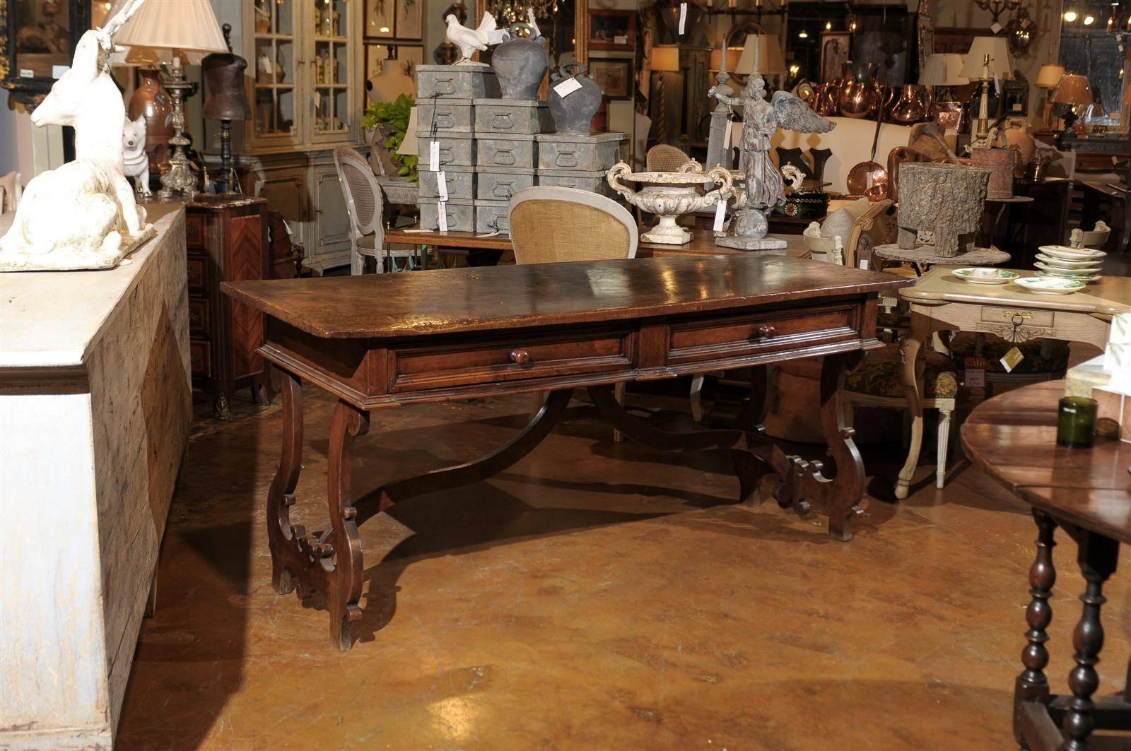 Carved Italian Baroque Style 1890s Walnut Desk with Lyre Shaped Legs and Two Drawers