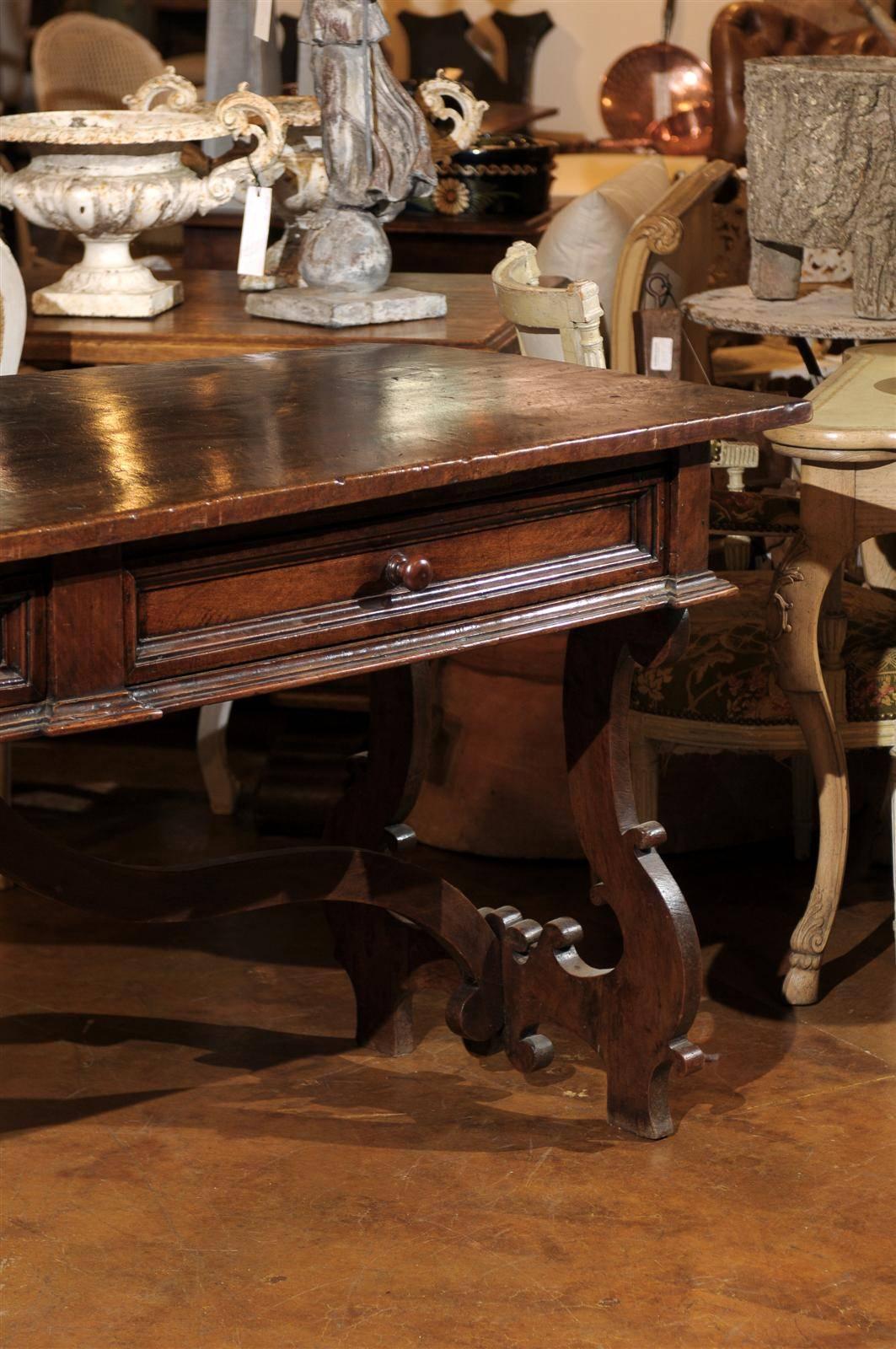 Italian Baroque Style 1890s Walnut Desk with Lyre Shaped Legs and Two Drawers In Good Condition In Atlanta, GA