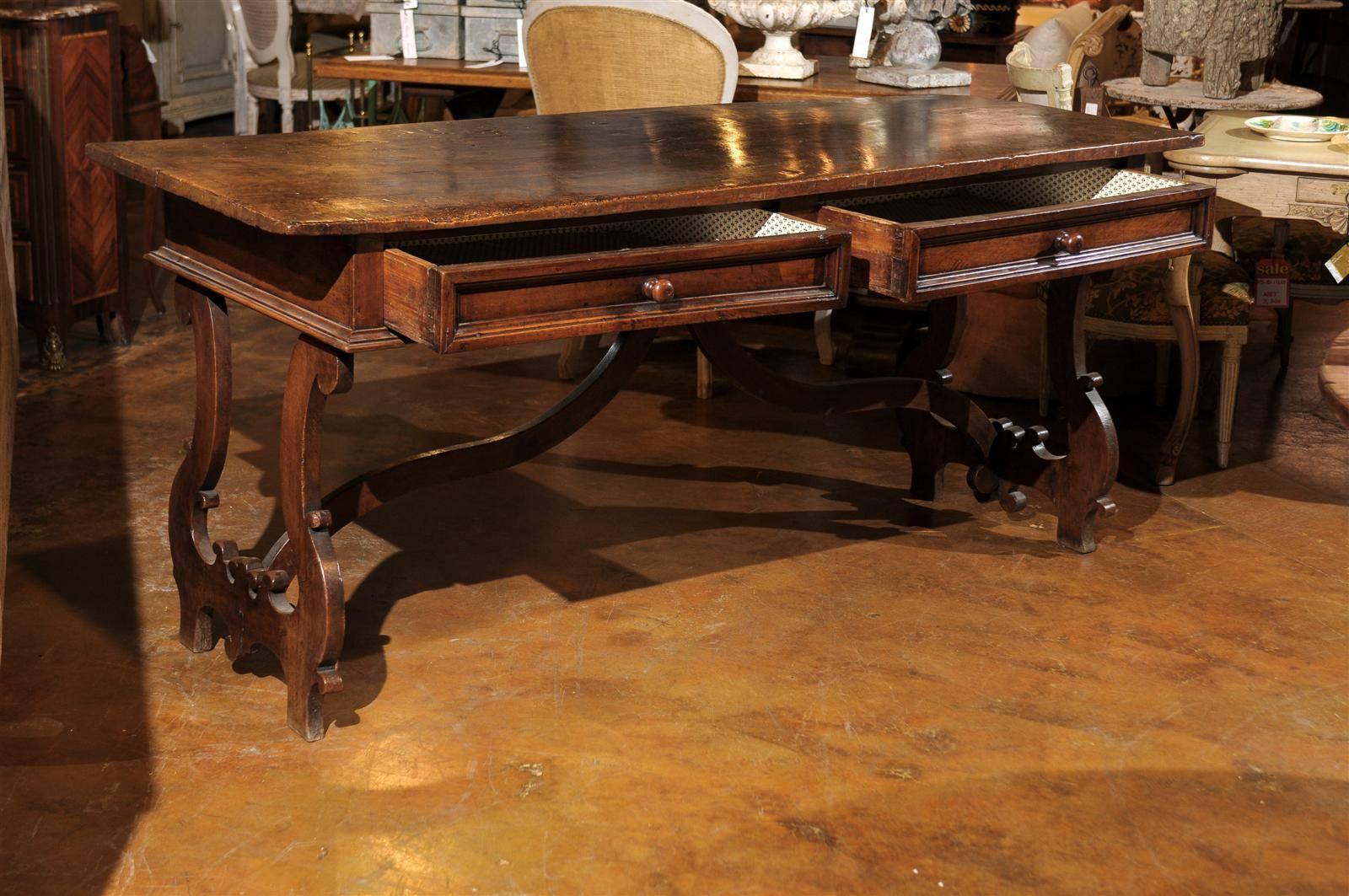 Wood Italian Baroque Style 1890s Walnut Desk with Lyre Shaped Legs and Two Drawers