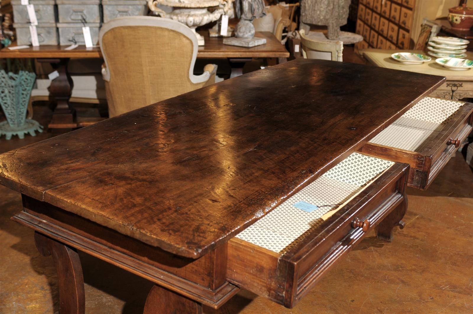 Italian Baroque Style 1890s Walnut Desk with Lyre Shaped Legs and Two Drawers 2