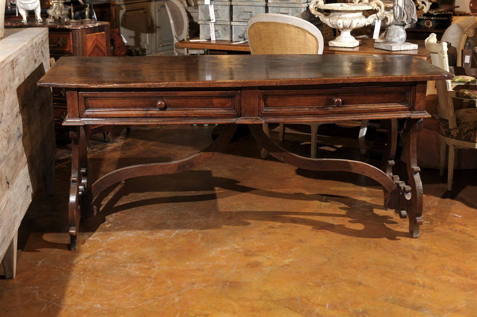 Italian Baroque Style 1890s Walnut Desk with Lyre Shaped Legs and Two Drawers 1