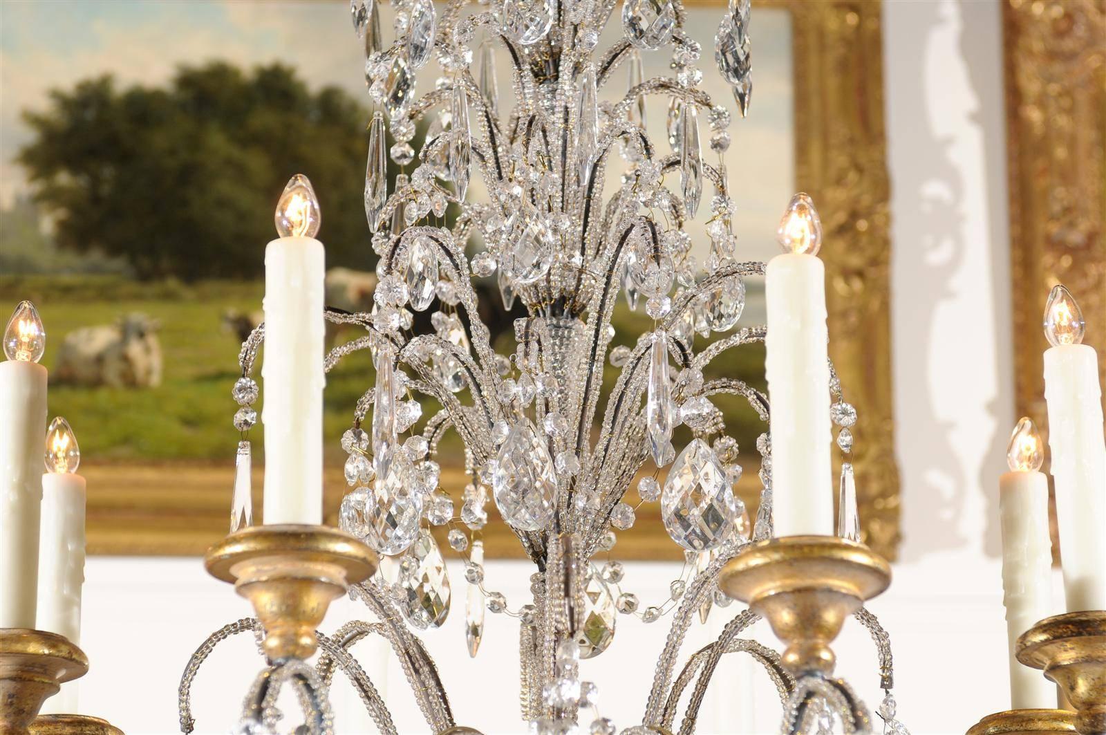 Italian Crystal Eight-Light Chandelier with Beaded Arms and Giltwood Bobèches 3