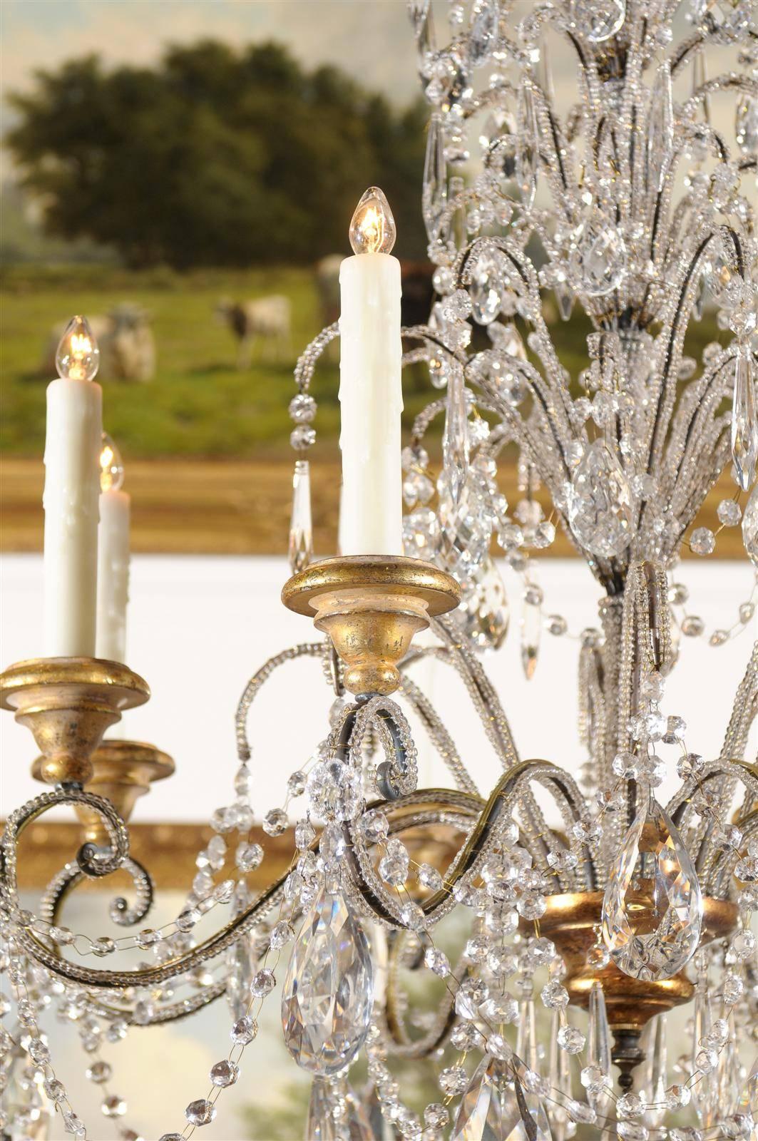 Italian Crystal Eight-Light Chandelier with Beaded Arms and Giltwood Bobèches 1