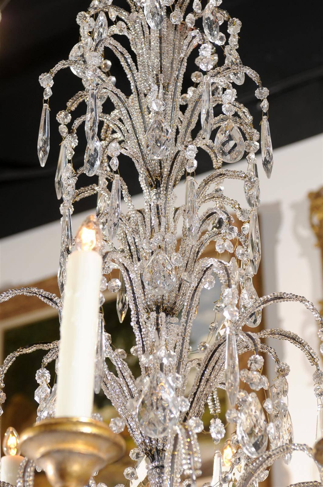 Italian Crystal Eight-Light Chandelier with Beaded Arms and Giltwood Bobèches 4