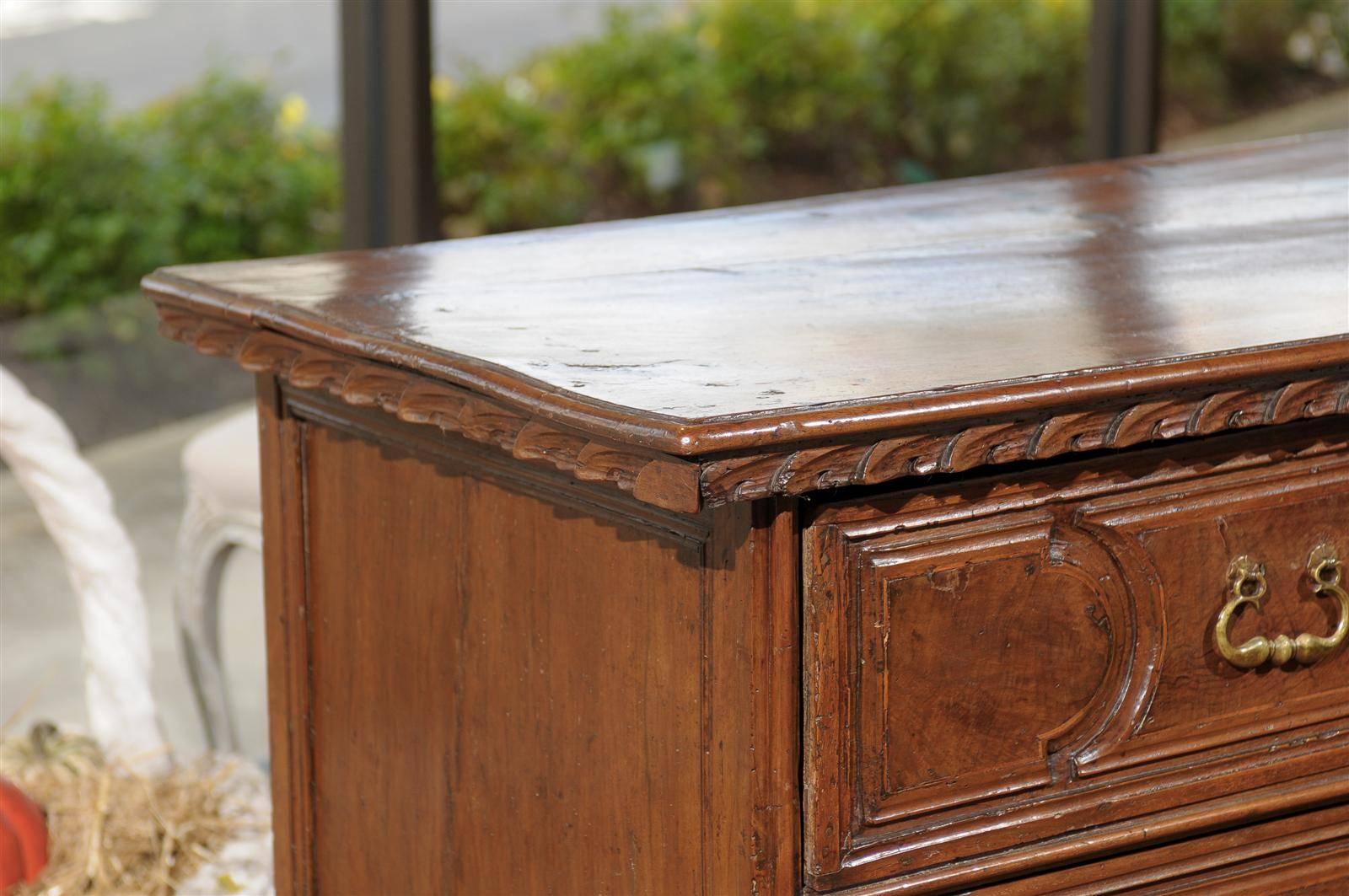 Hand-Carved Tall Italian 1790s Three-Drawer Commode With Cartouches and Bracket Feet.