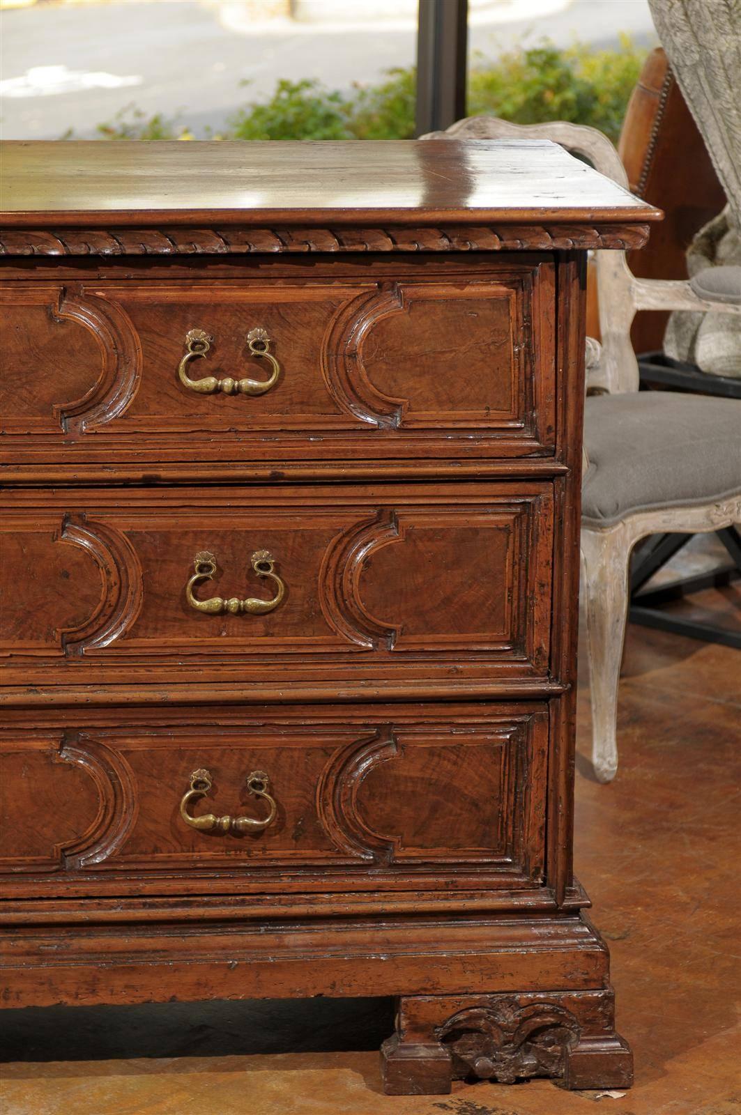 Wood Tall Italian 1790s Three-Drawer Commode With Cartouches and Bracket Feet.