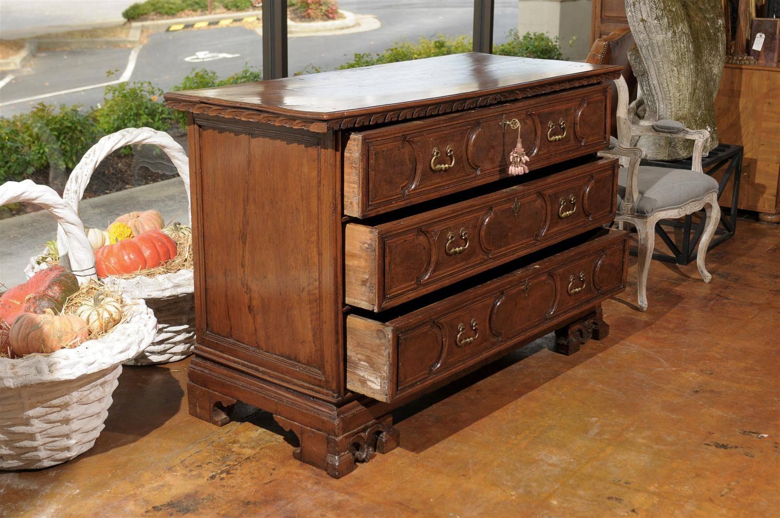 Tall Italian 1790s Three-Drawer Commode With Cartouches and Bracket Feet. 1