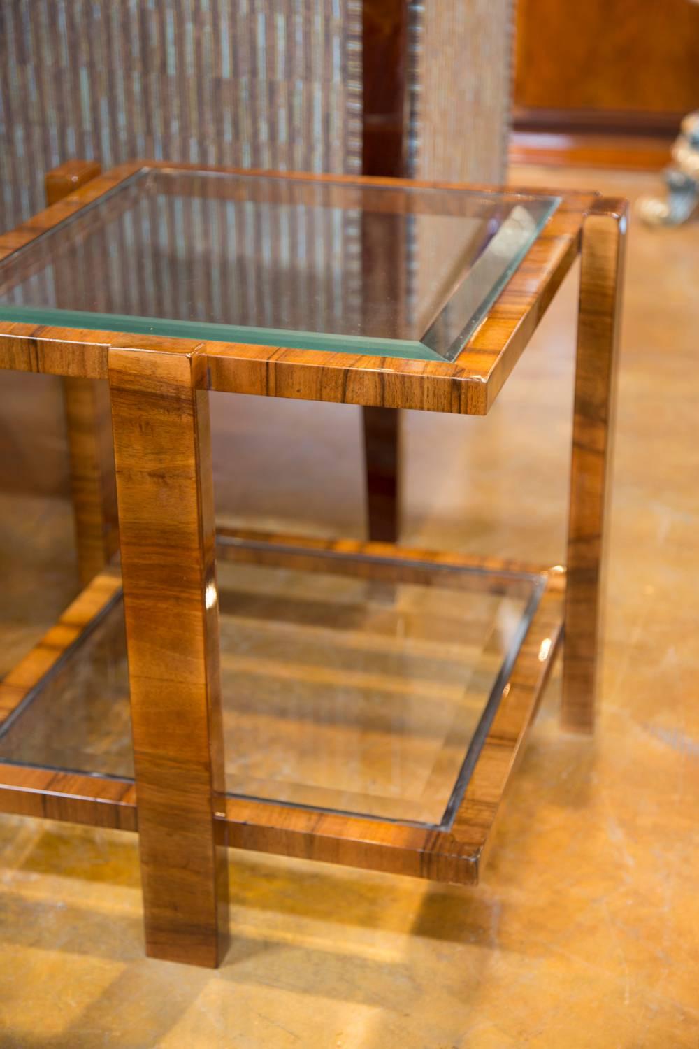 Pair of Contemporary Two-Tiered Light Walnut End Tables with Glass Top and Shelf 1
