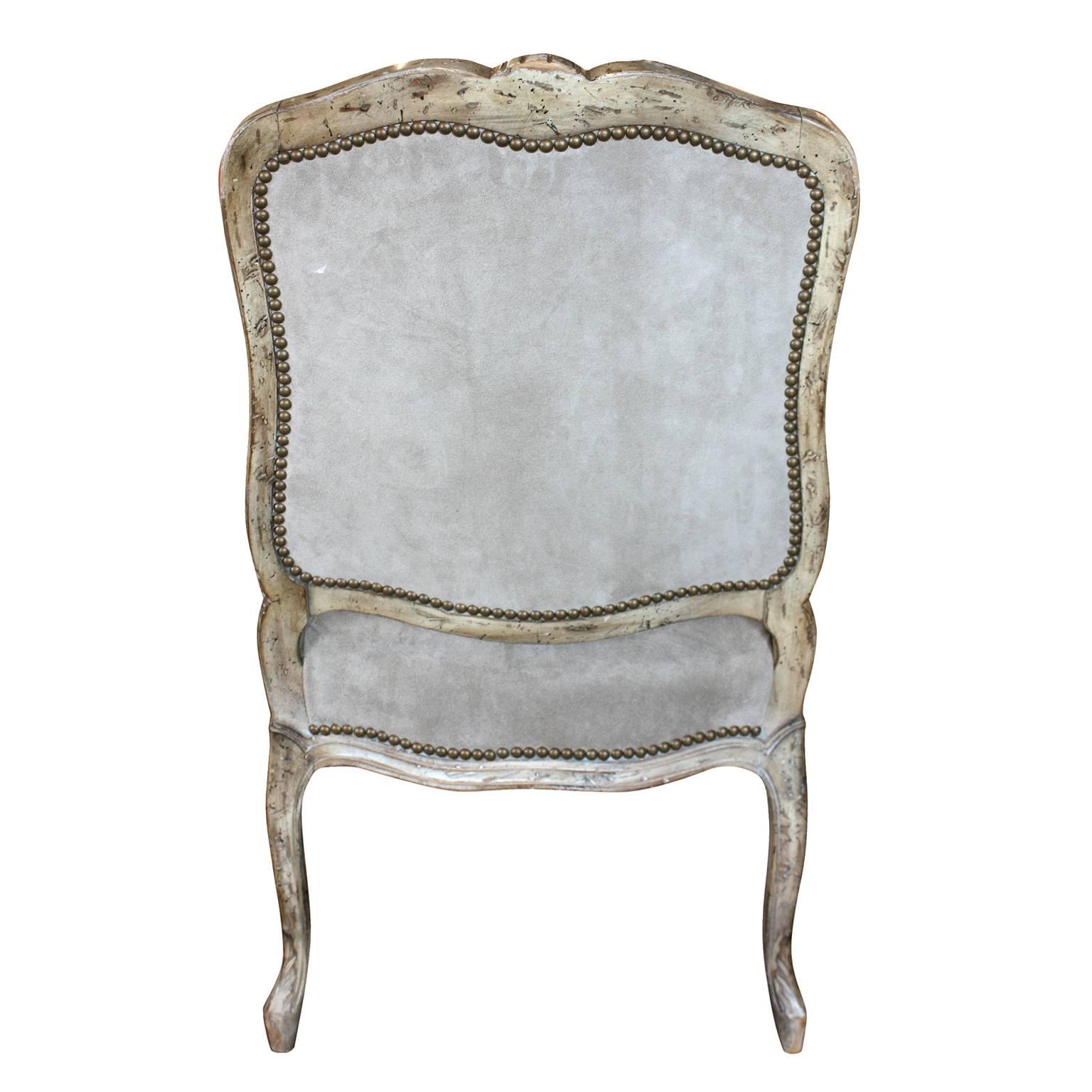 Pair of 19th century Louis XV chairs, grey suede upholstery.
