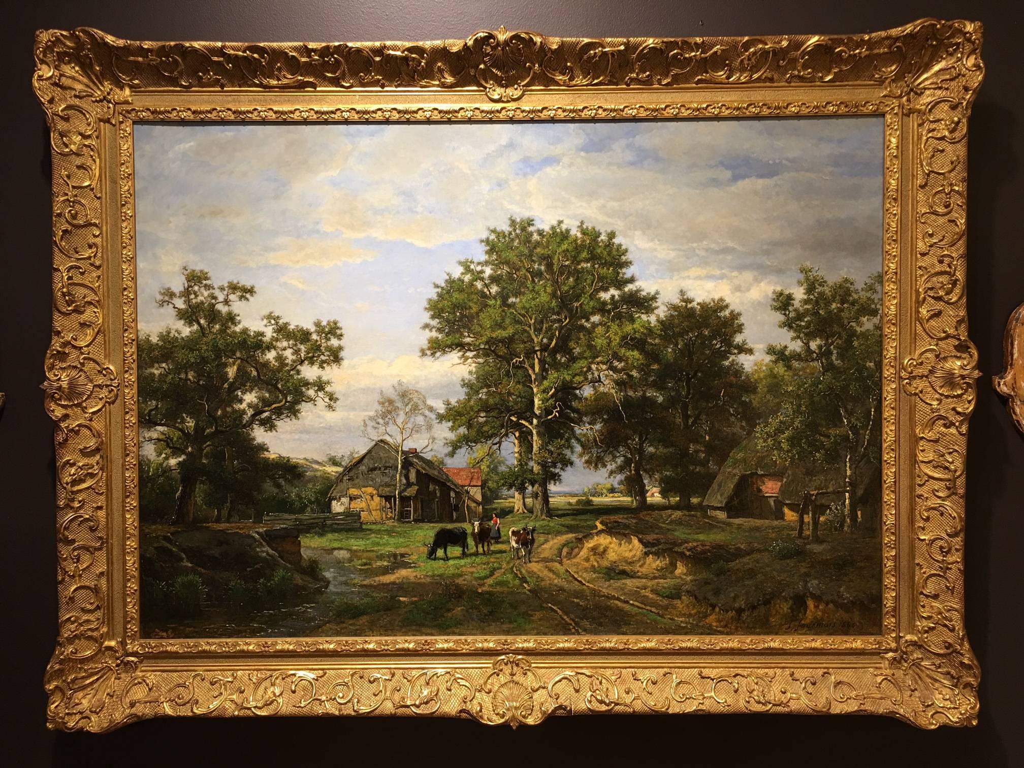 This oil on canvas painting by Belgian artist Theodore Fourmois (1814-1871) is entitled "Life on the Farm" and is dated 1866. Influenced by the Barbizon School, Fourmois showed a predilection for the plein-air landscape genre. Developing