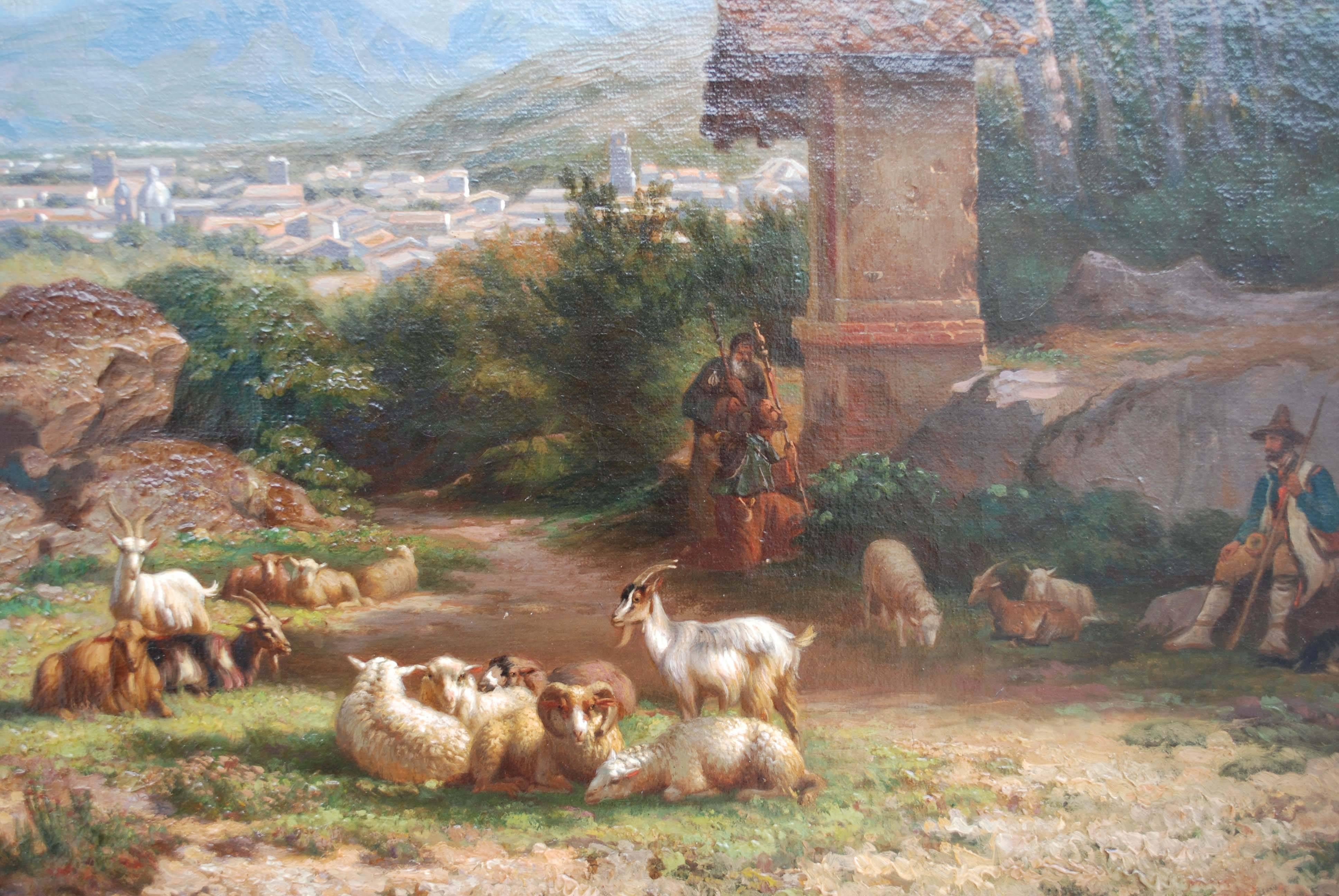 19th Century Shepherd and His Flock in an Italian Landscape, Oil on Canvas by Charles Coumont