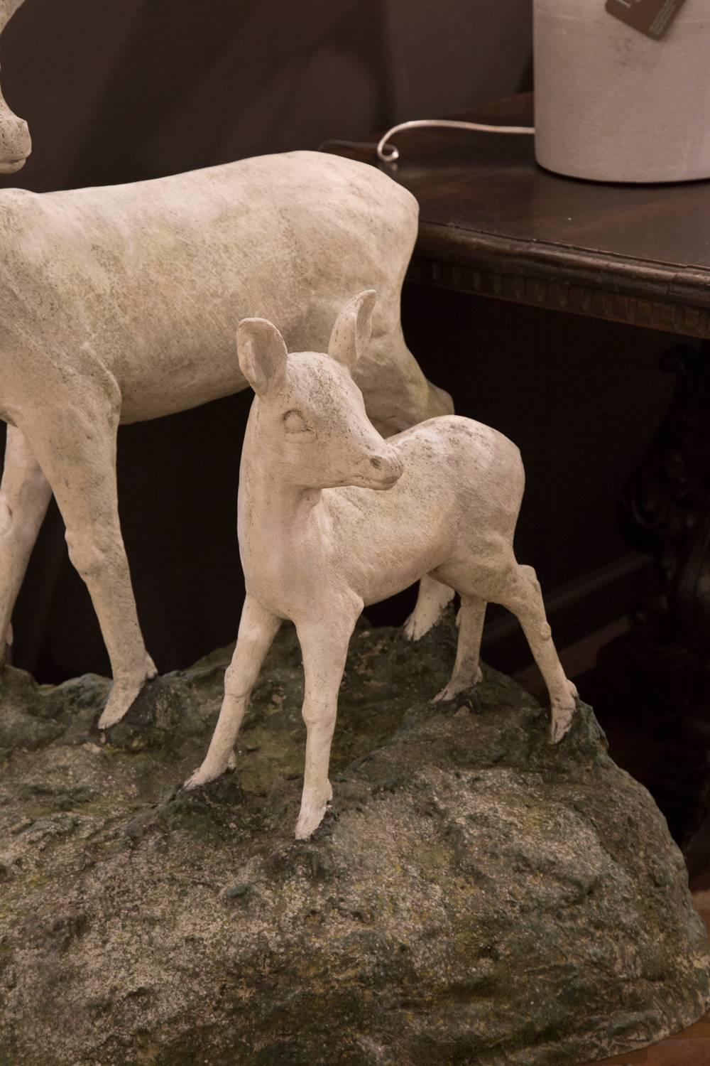 20th Century Pair of English Mid-Century Cast Stone Sculptures of a Doe and Her Fawn on Base