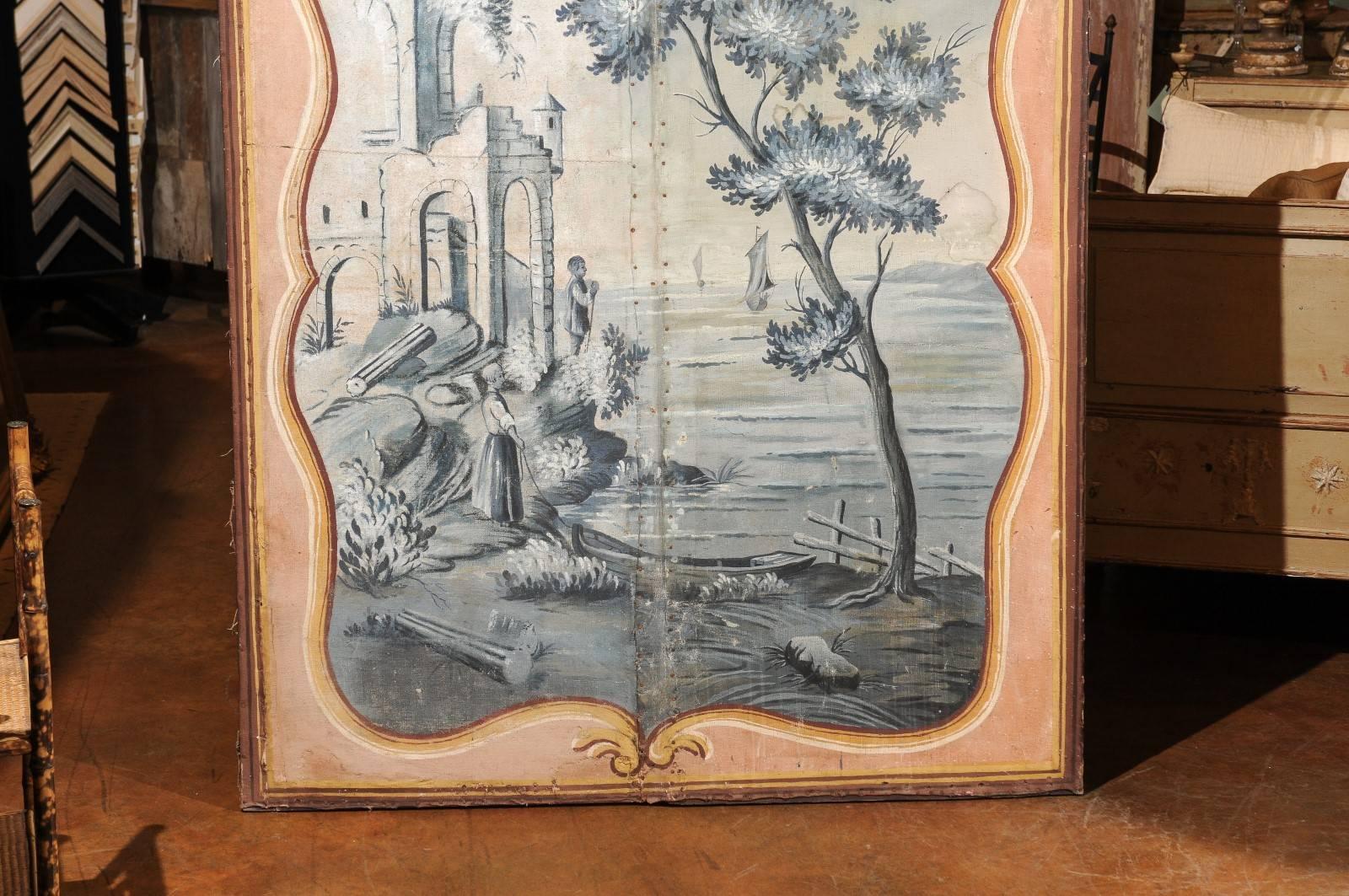 Louis XV Pair of French 1780s Trompe-l'Oeil Grisaille Hand-Painted Pastoral Screens