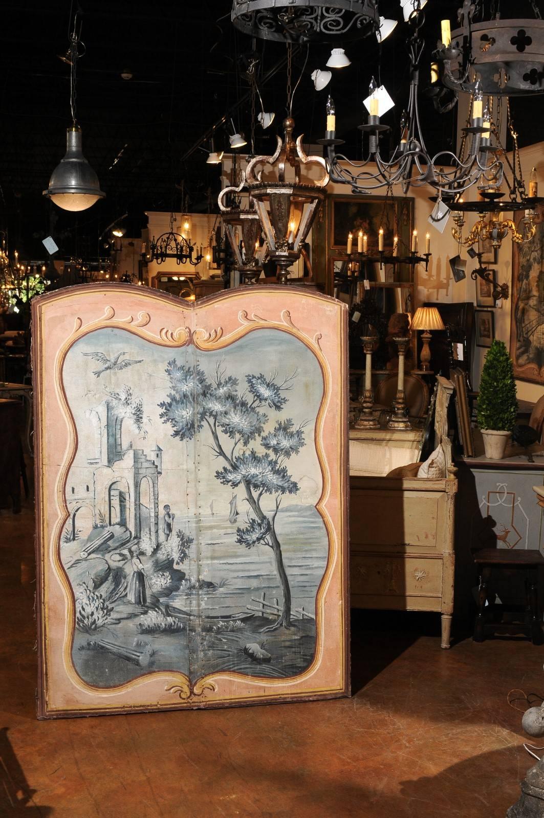 Pair of French 1780s Trompe-l'Oeil Grisaille Hand-Painted Pastoral Screens In Good Condition In Atlanta, GA