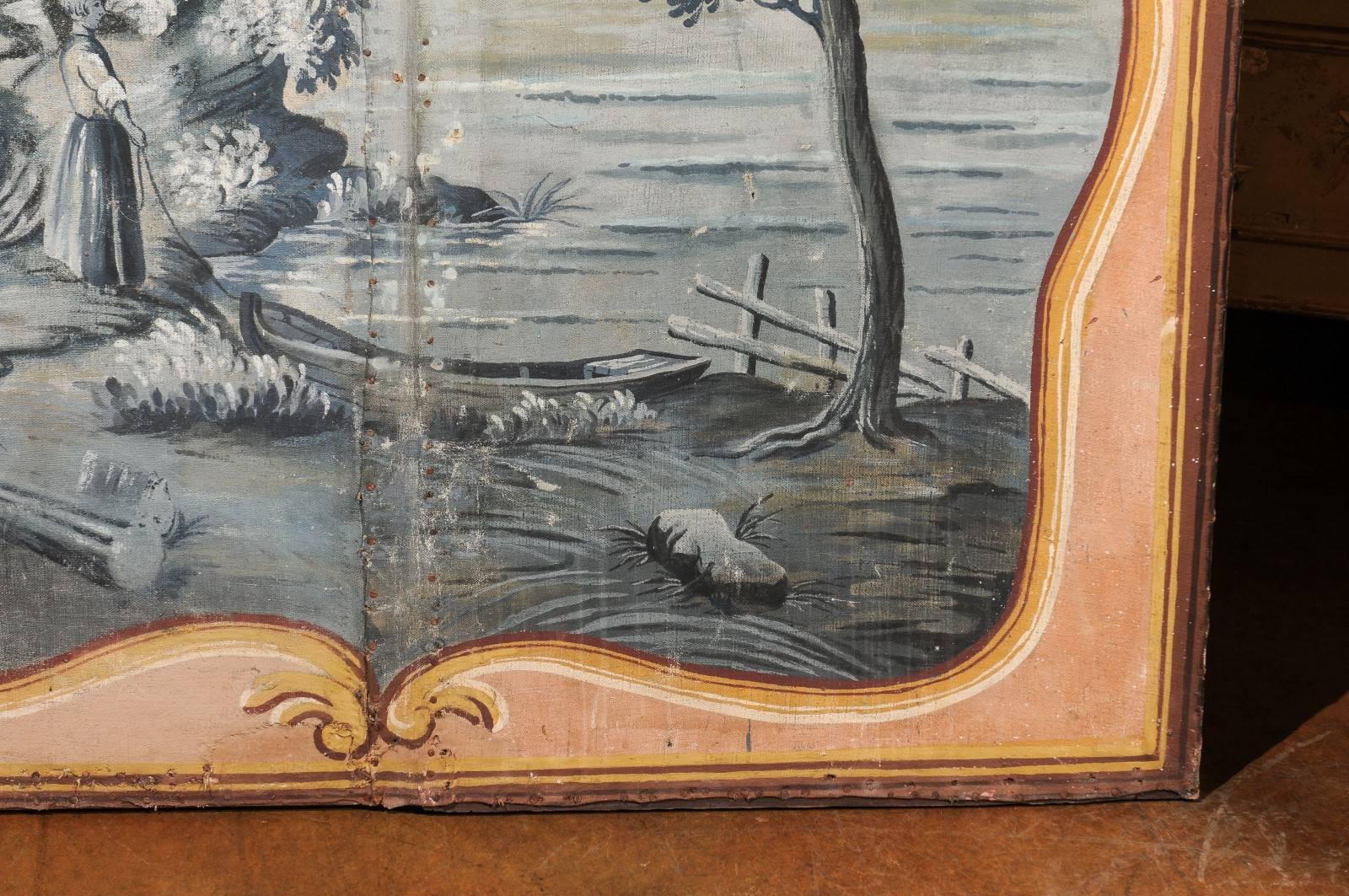 Canvas Pair of French 1780s Trompe-l'Oeil Grisaille Hand-Painted Pastoral Screens