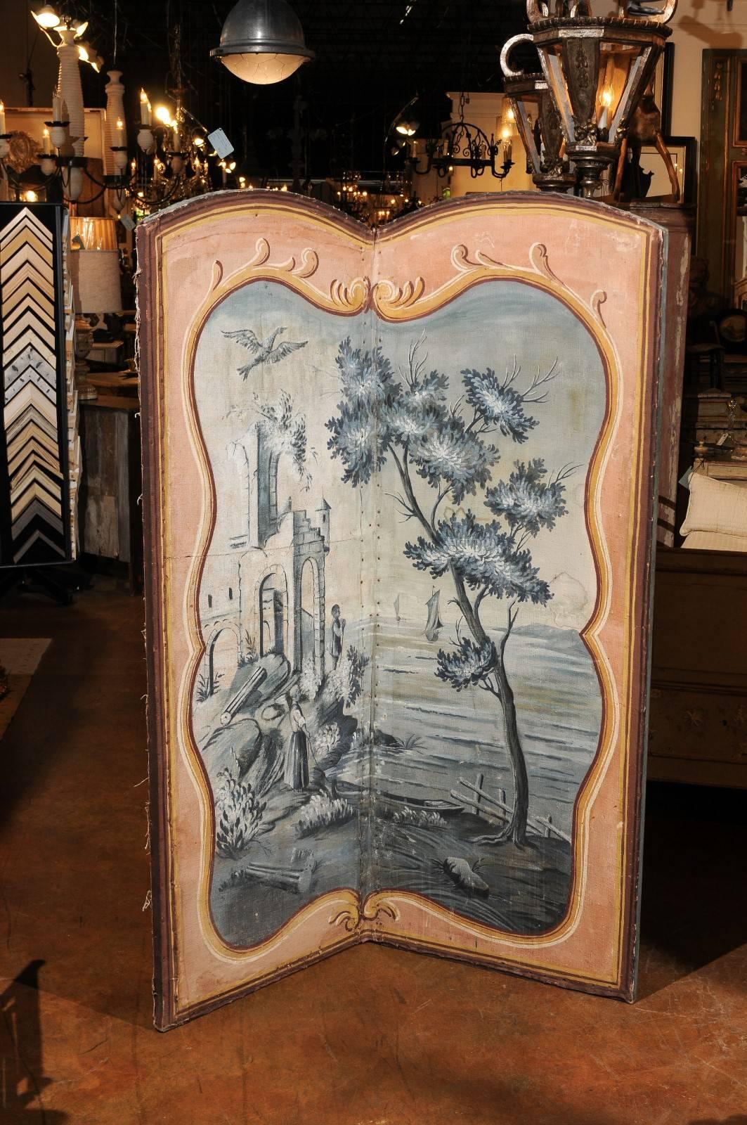 Pair of French 1780s Trompe-l'Oeil Grisaille Hand-Painted Pastoral Screens 1
