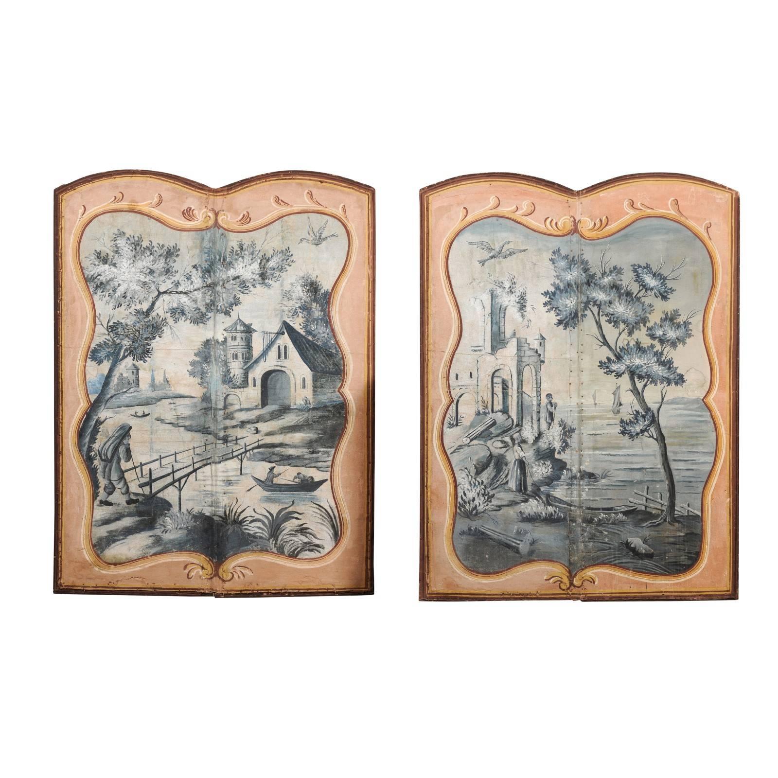 Pair of French 1780s Trompe-l'Oeil Grisaille Hand-Painted Pastoral Screens