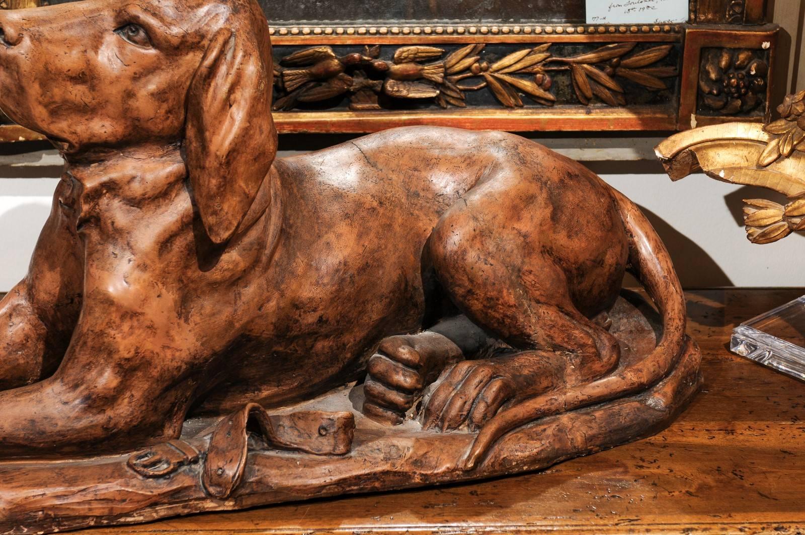 French Terracotta Reclining Hound Dog Sculpture from the Early 19th Century 2