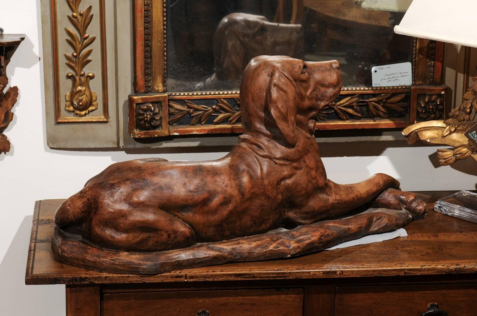French Terracotta Reclining Hound Dog Sculpture from the Early 19th Century 3