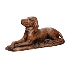 Antique French Terracotta Reclining Hound Dog Sculpture from the Early 19th Century