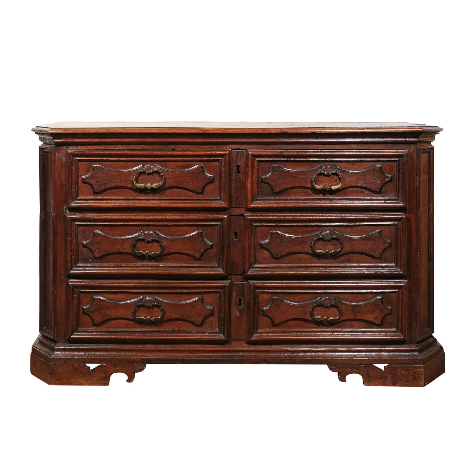 Italian 1850s Walnut Three-Drawer Commode with Cartouches and Diamond Motifs
