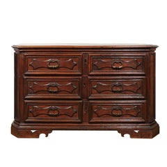 Italian 1850s Walnut Three-Drawer Commode with Cartouches and Diamond Motifs