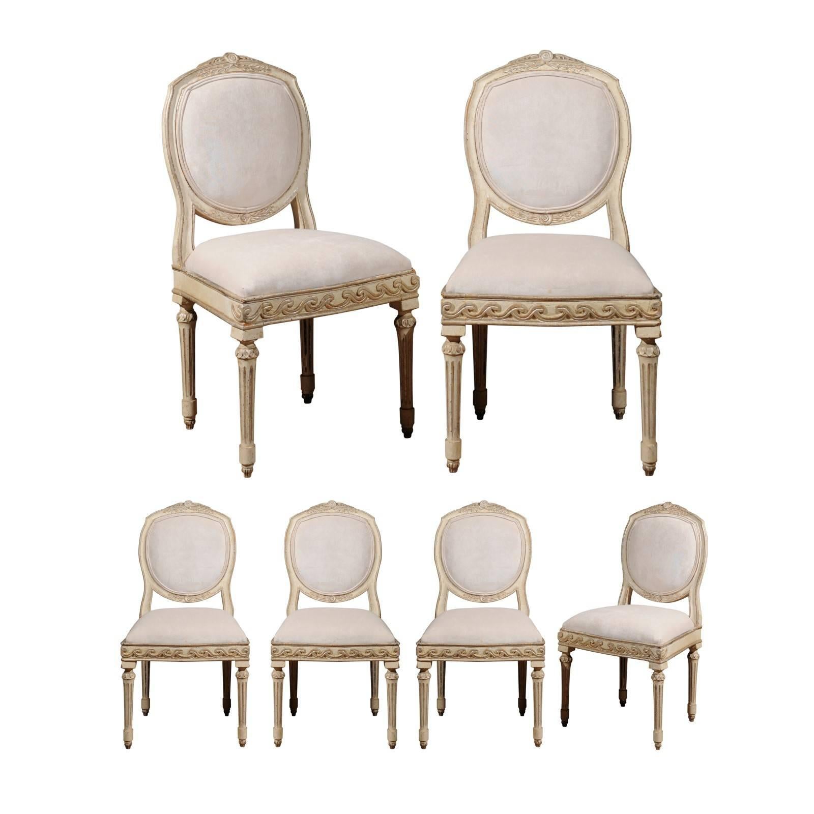 Set of Six French Neoclassical Silver Gilt Dining Chairs with Vitruvian Scroll For Sale