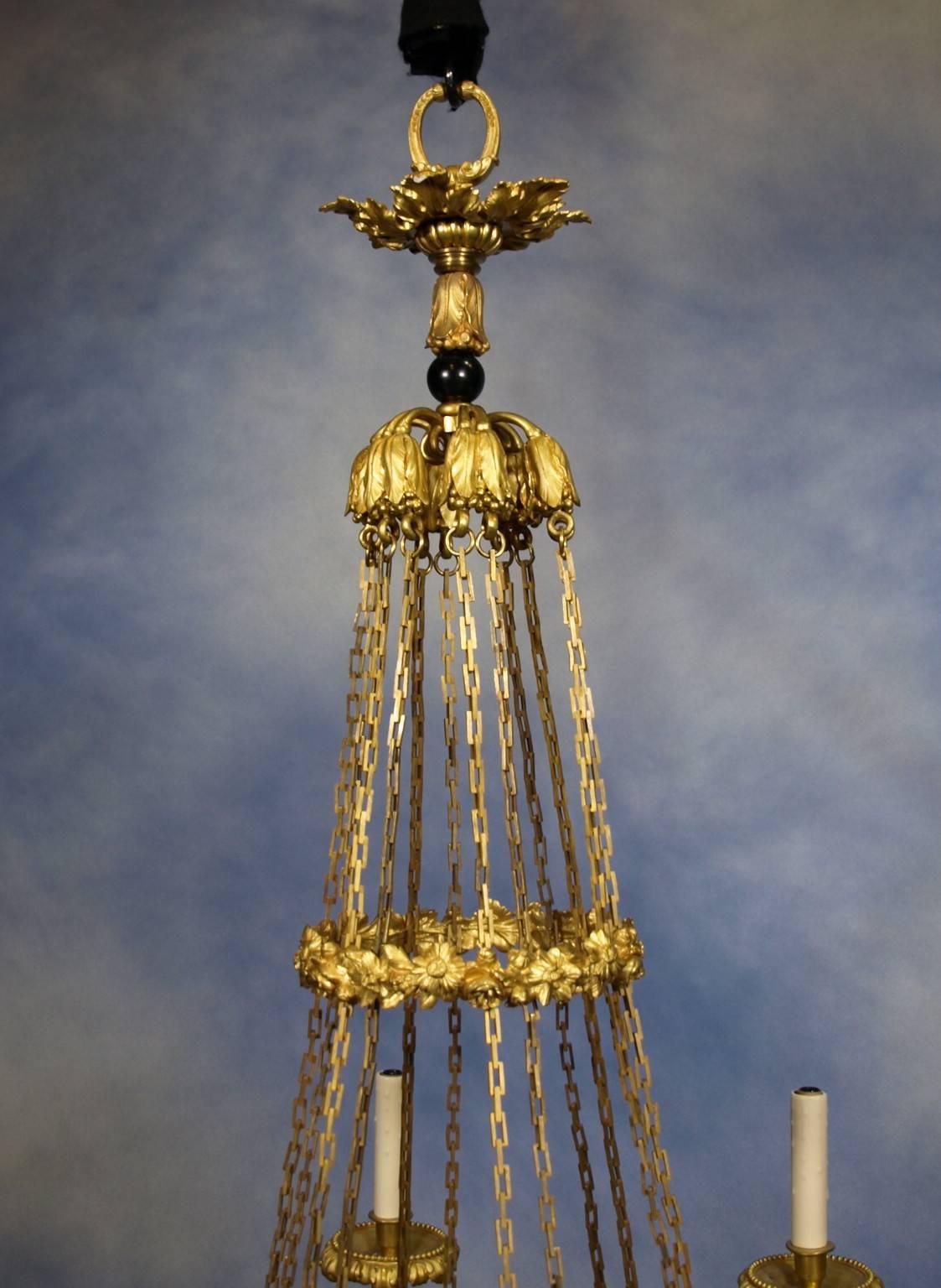 Superb gilt bronze, blue quartz and crystal six-light chandelier with crystal beaded chains, signed VIEN.