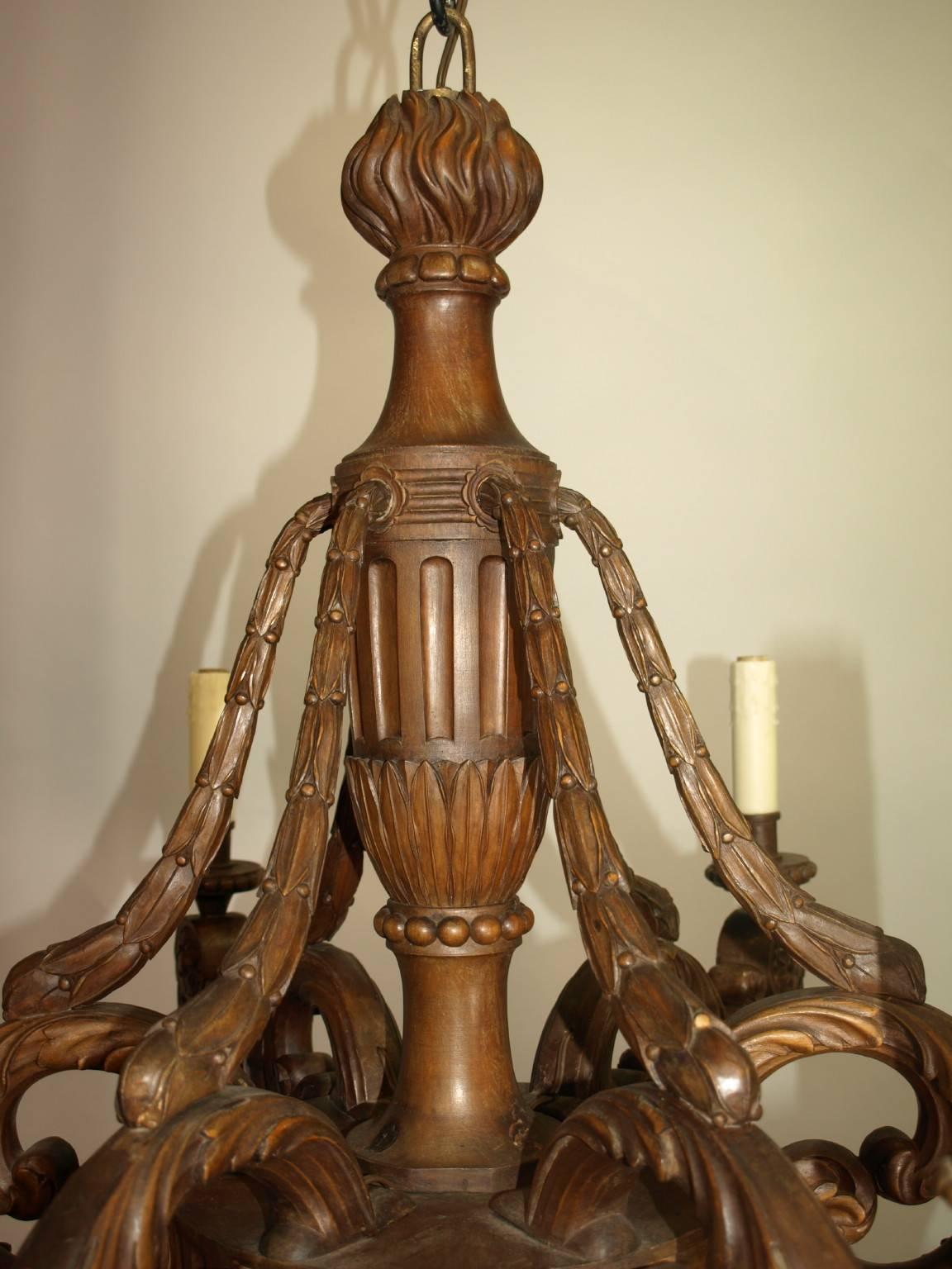 Fine French carved wood chandelier, six lights