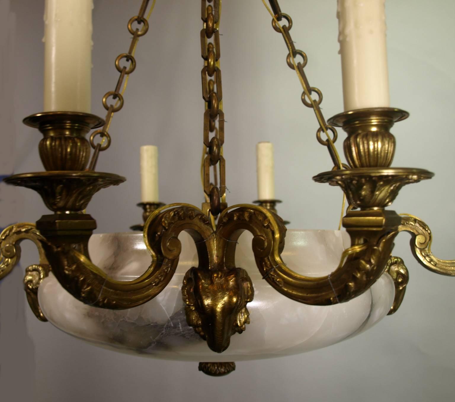 Early 20th Century Antique Chandelier Gilt Bronze and Alabaster