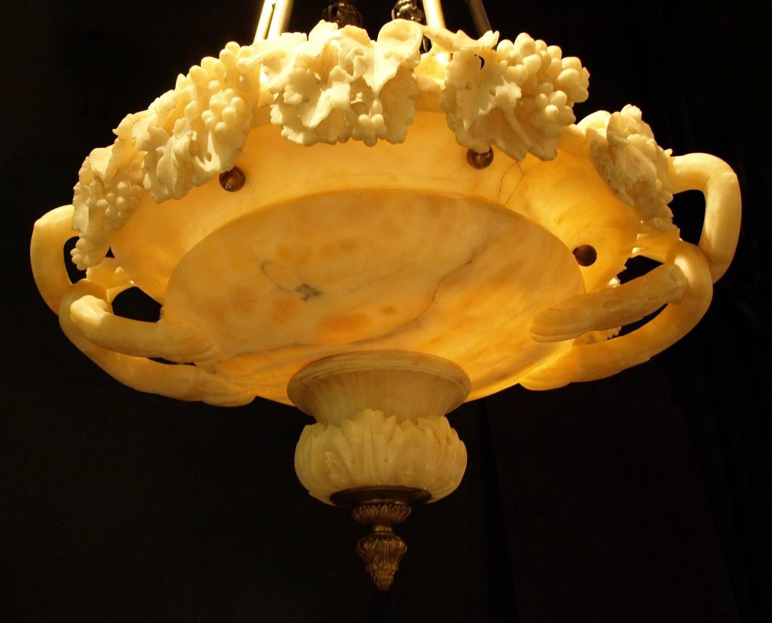 Early 20th Century Antique Chandelier, Alabaster Plafonnier For Sale