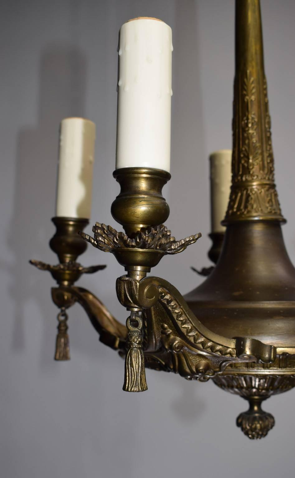 Gilt bronze chandelier with great detail, five lights.