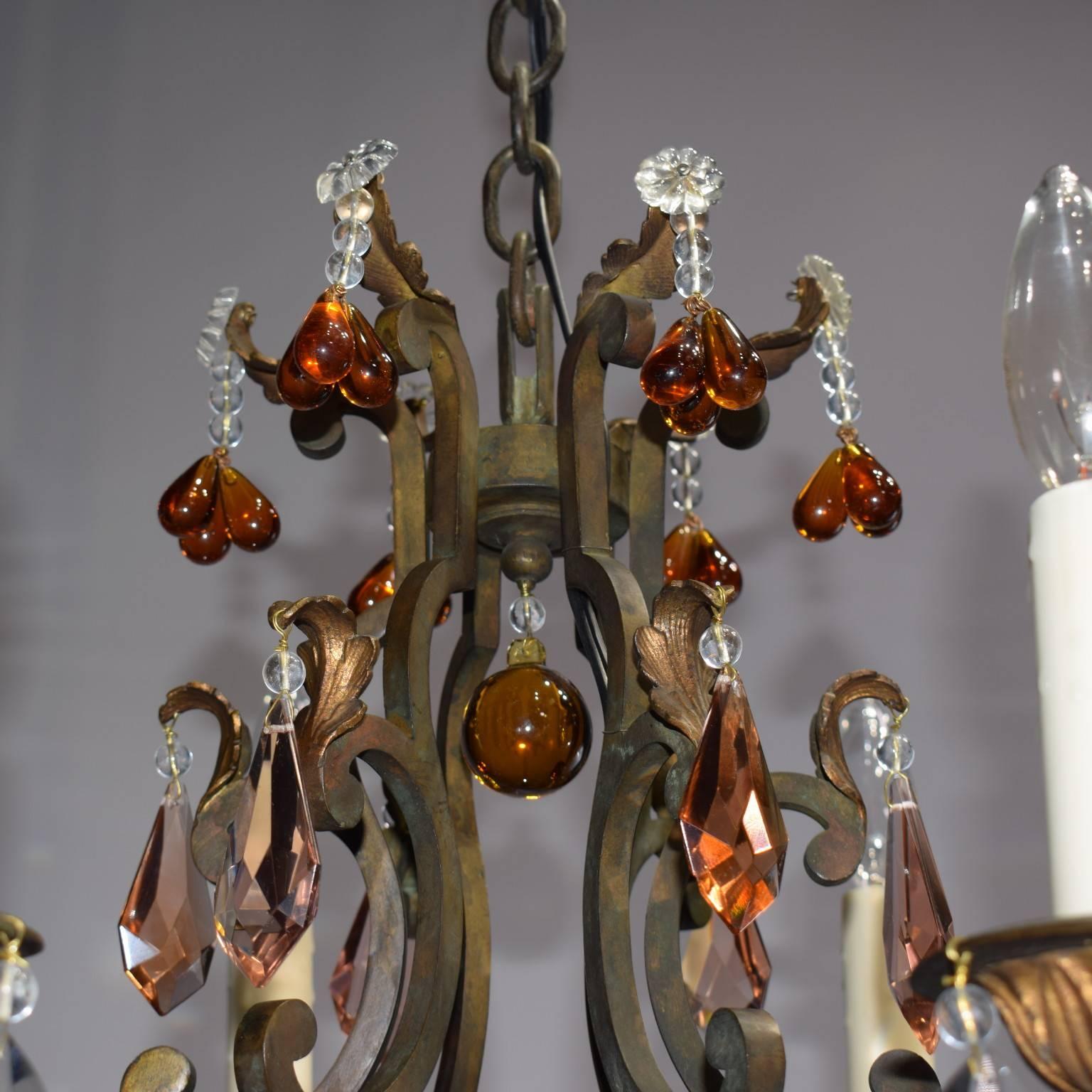 Early 20th Century Antique Chandelier, Iron with Crystal