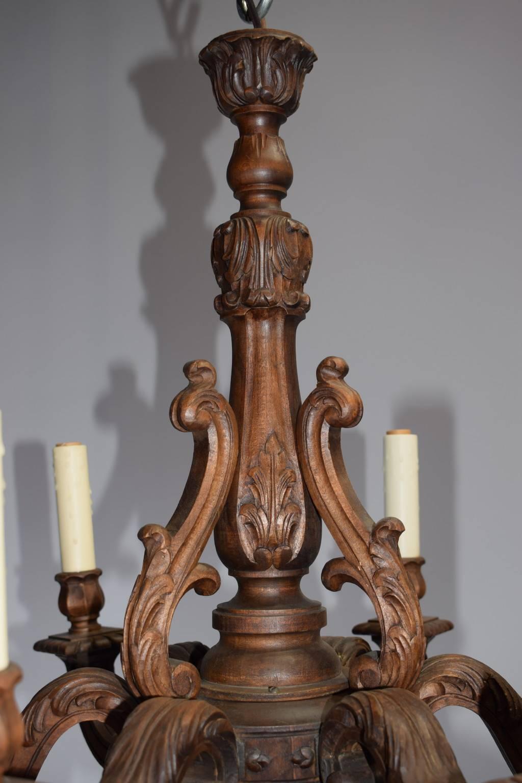 French Antique Chandelier, Carved Wood