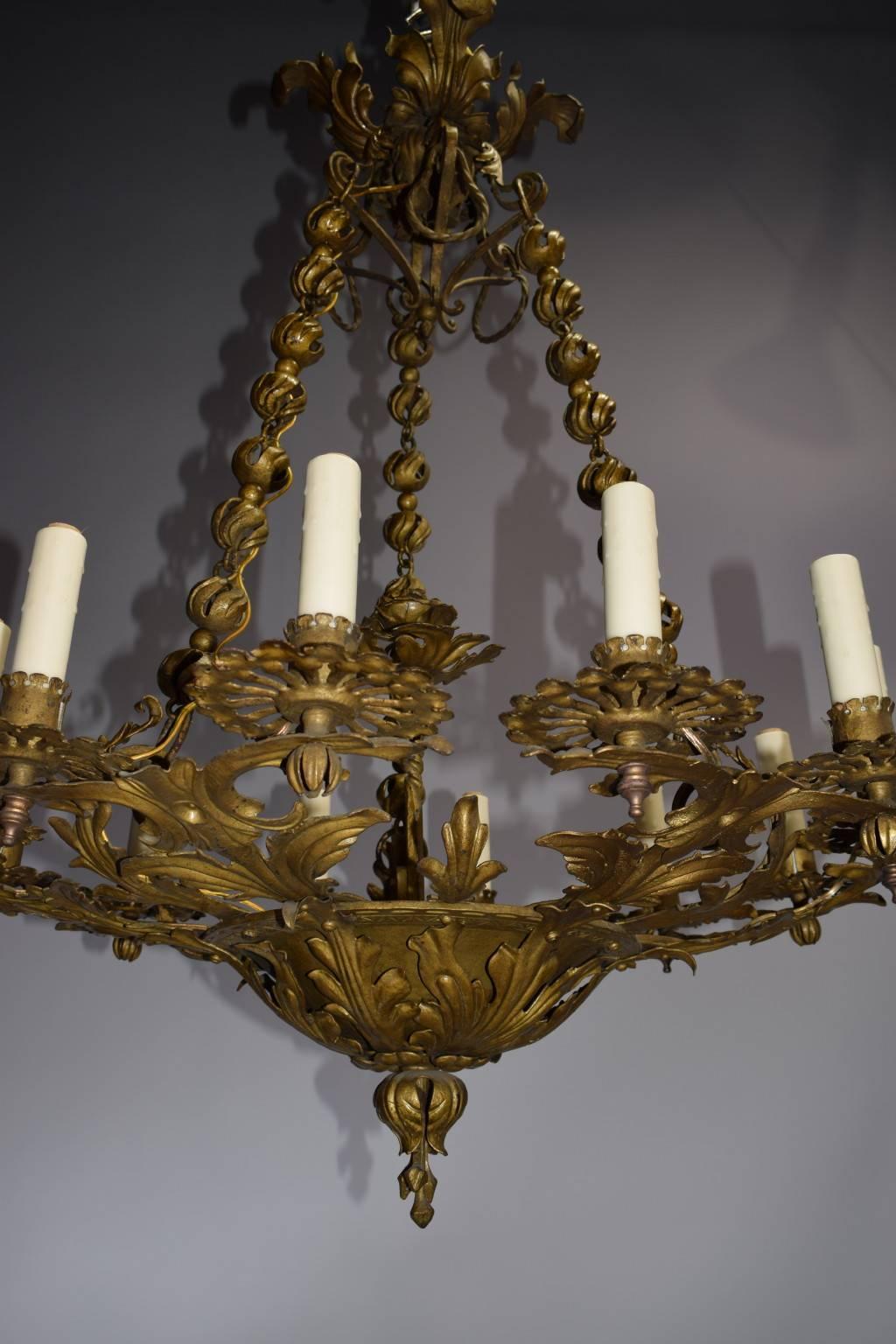 Art Nouveau Antique Chandelier, Gilt Iron