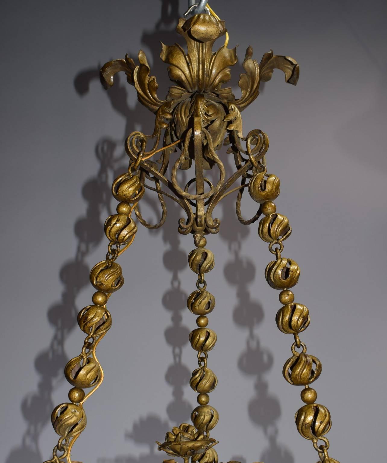 French Antique Chandelier, Gilt Iron