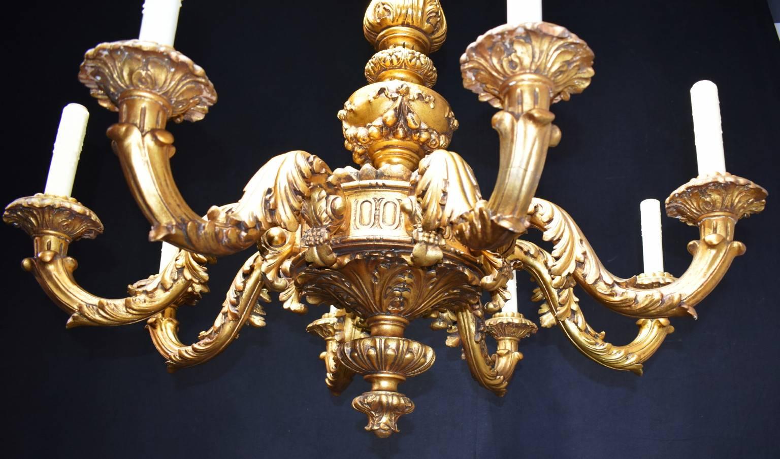 French Superb Antique Giltwood Chandelier.  For Sale