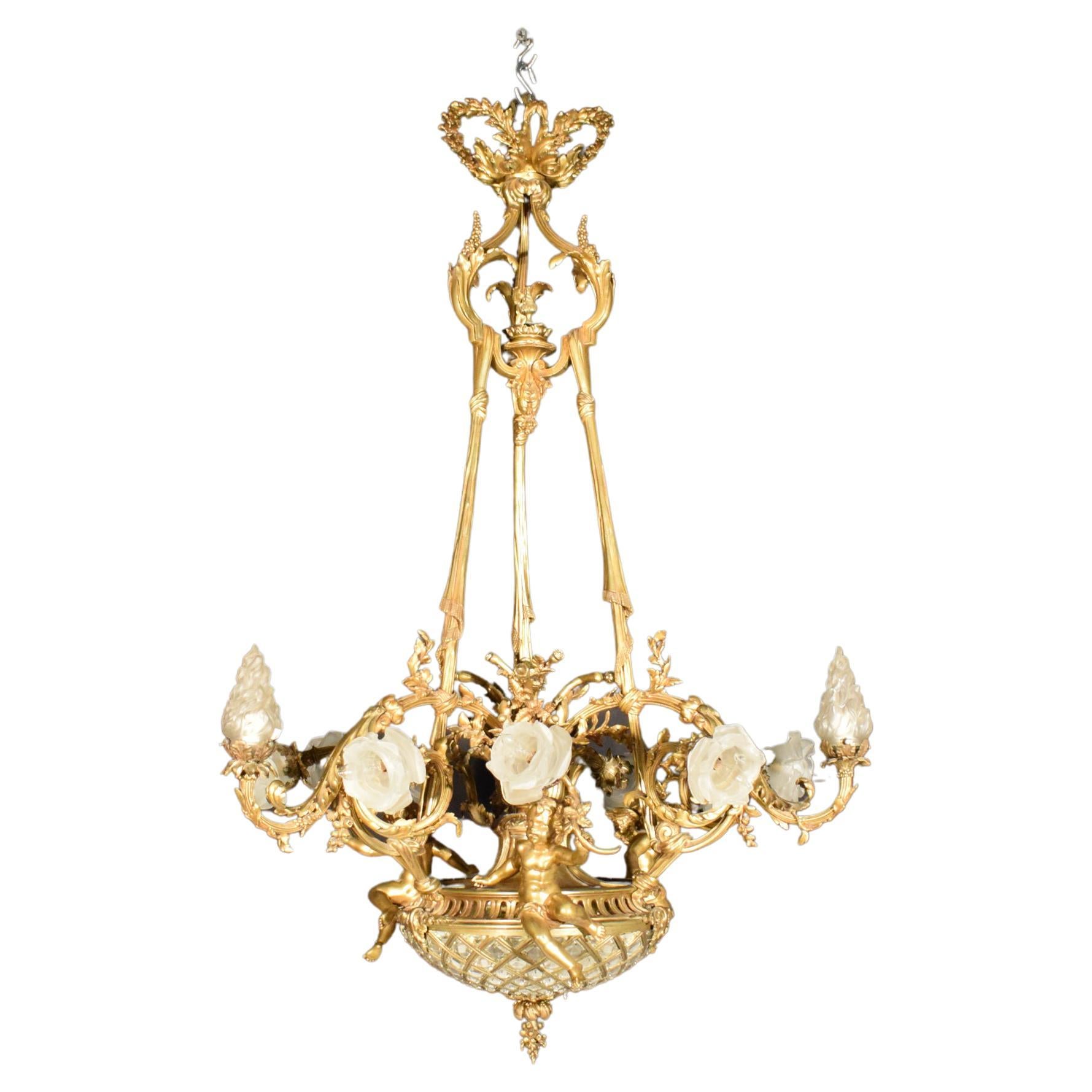 19th Century Gilt Bronze, Crystal and Frosted Glass Chandelier For Sale