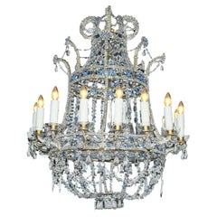Baltic Style Sixteen Light Clear and Blue Beaded Crystal Basket Chandelier